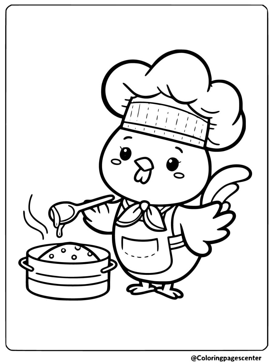 Chef chicken cooking coloring page for kids