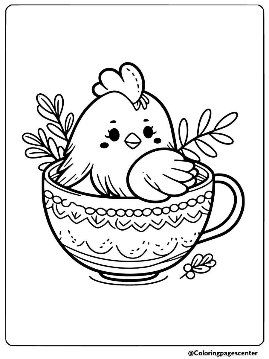 Chicken in a teacup coloring page for kids