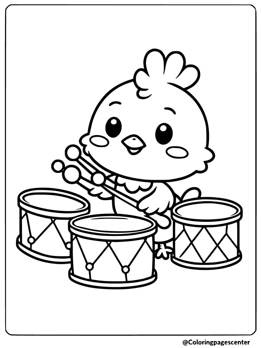 Chicken playing drums coloring page for kids