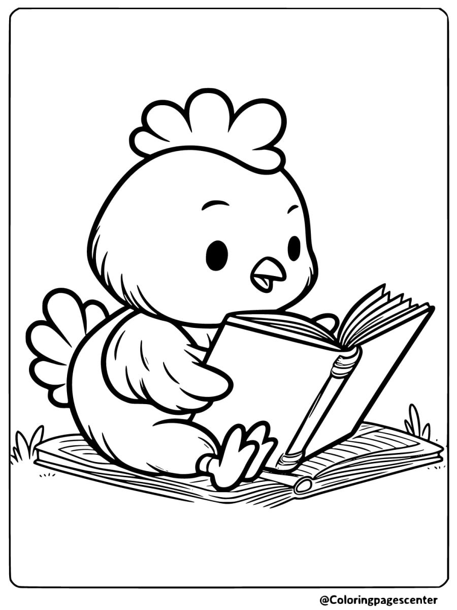 Chicken reading a book coloring page for kids