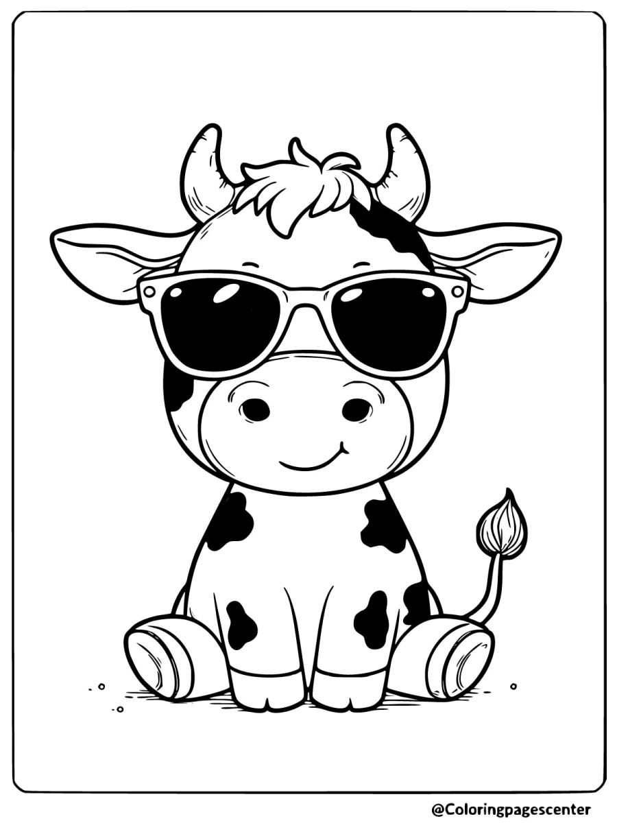 Easy cow with sunglasses coloring page for kids