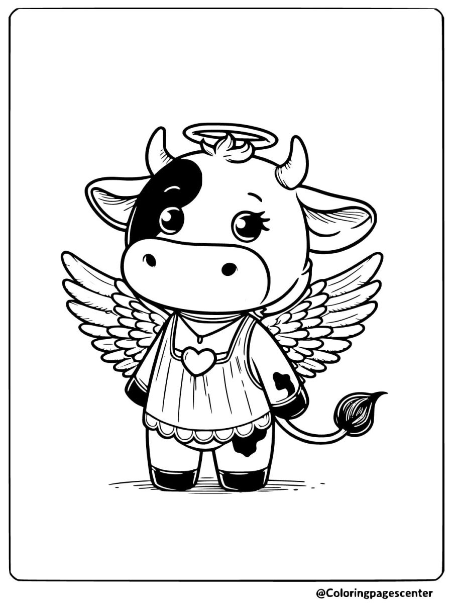 Angel cow with wings coloring page for kids