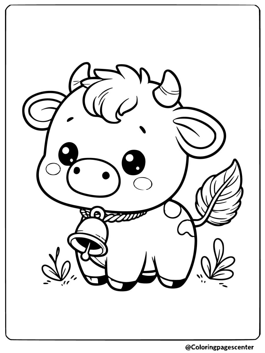 Easy baby cow with a bell coloring page for kids