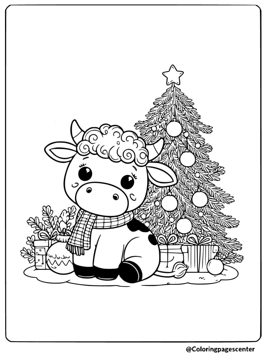 Easy cow with a Christmas tree coloring page for kids