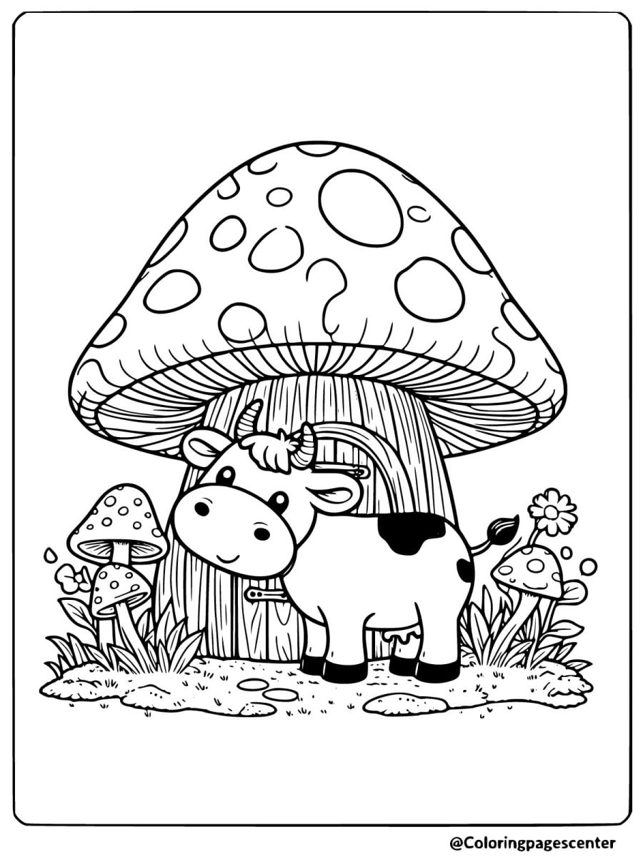 Cow by mushroom house coloring page for kids