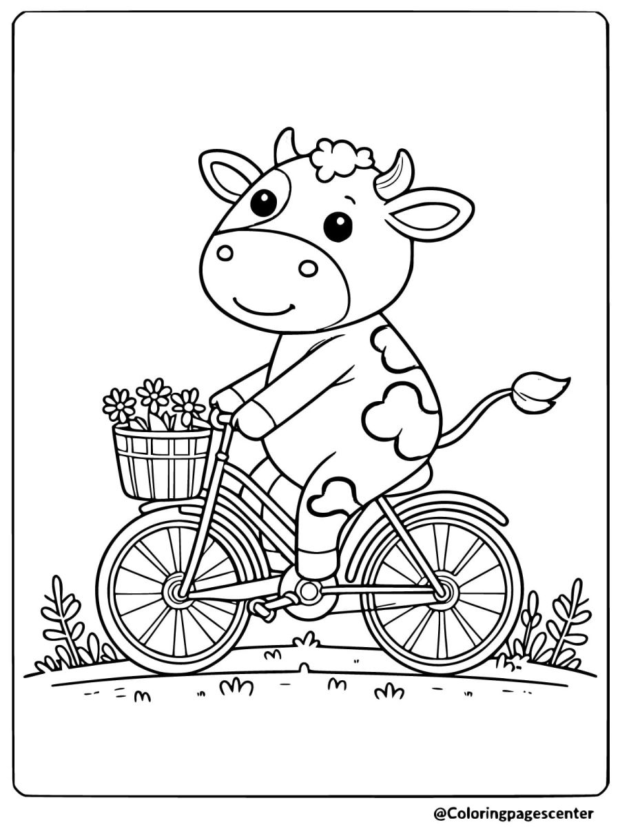 Easy cow riding a bicycle coloring page for kids