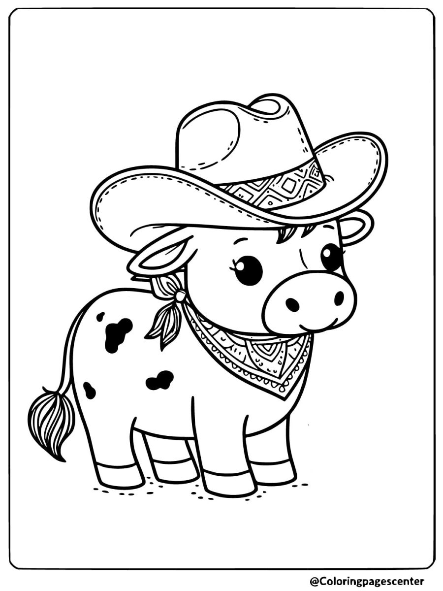 Cowboy cow with hat and bandana coloring page for kids