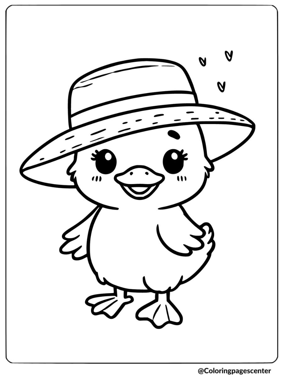 Easy duck smiling in a hat coloring page for kids