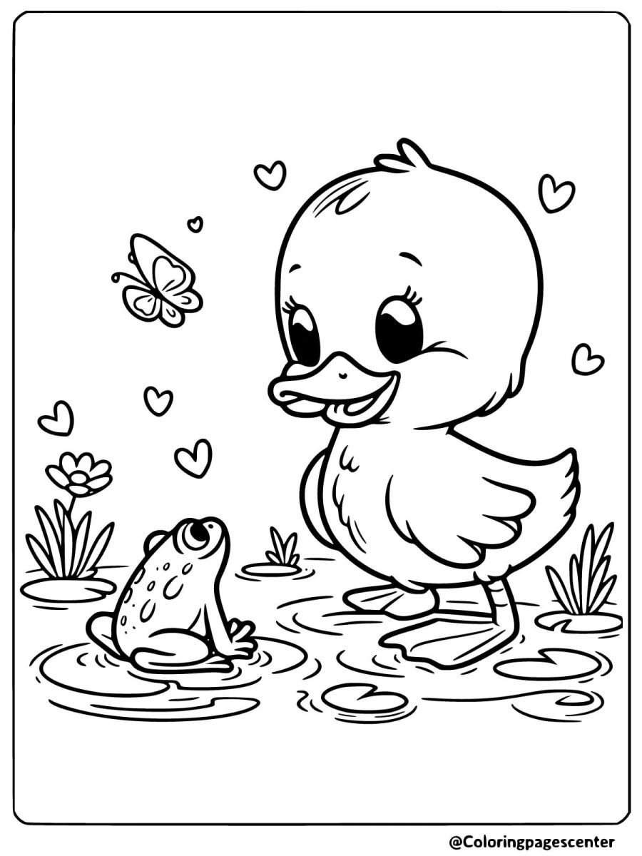 Easy duck and frog in pond coloring page for kids