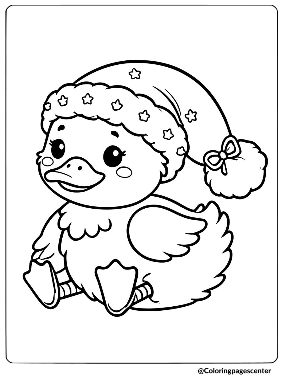 Duck wearing Santa hat coloring page for kids