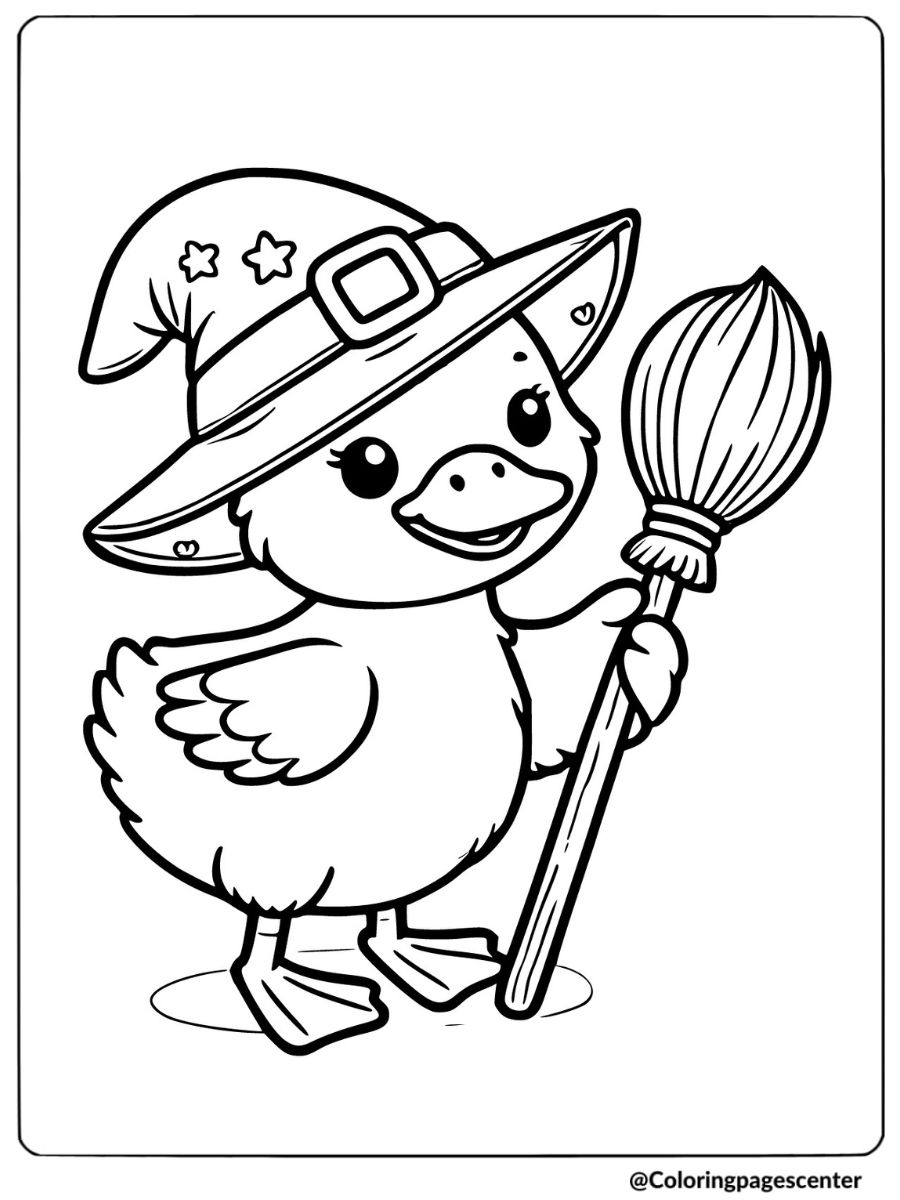 Easy duck in witch hat with broomstick coloring page