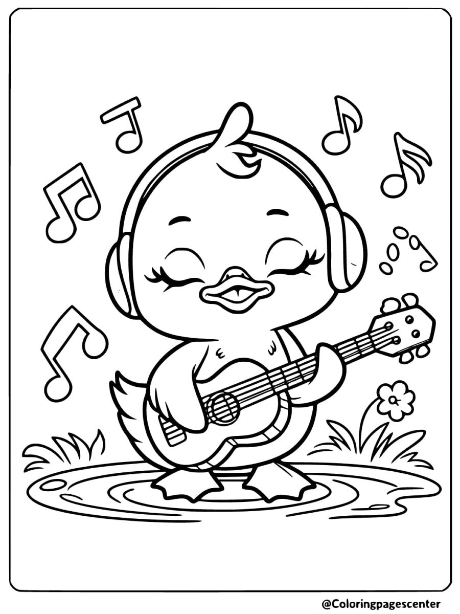 Easy duck playing guitar with headphones coloring page