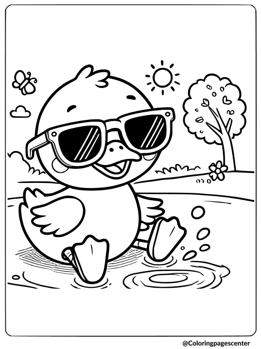 Easy duck in sunglasses splashing water coloring page