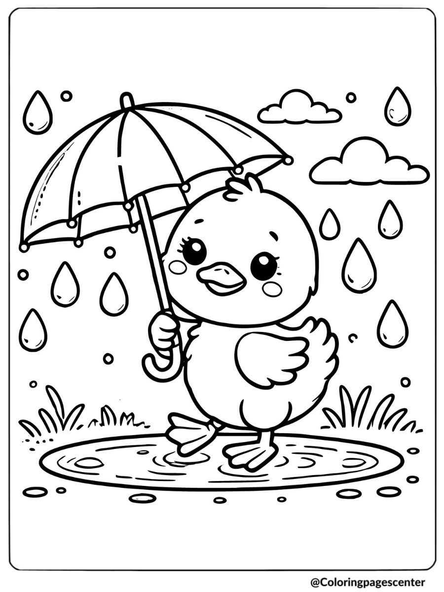 Duck with umbrella in rain coloring page for kids