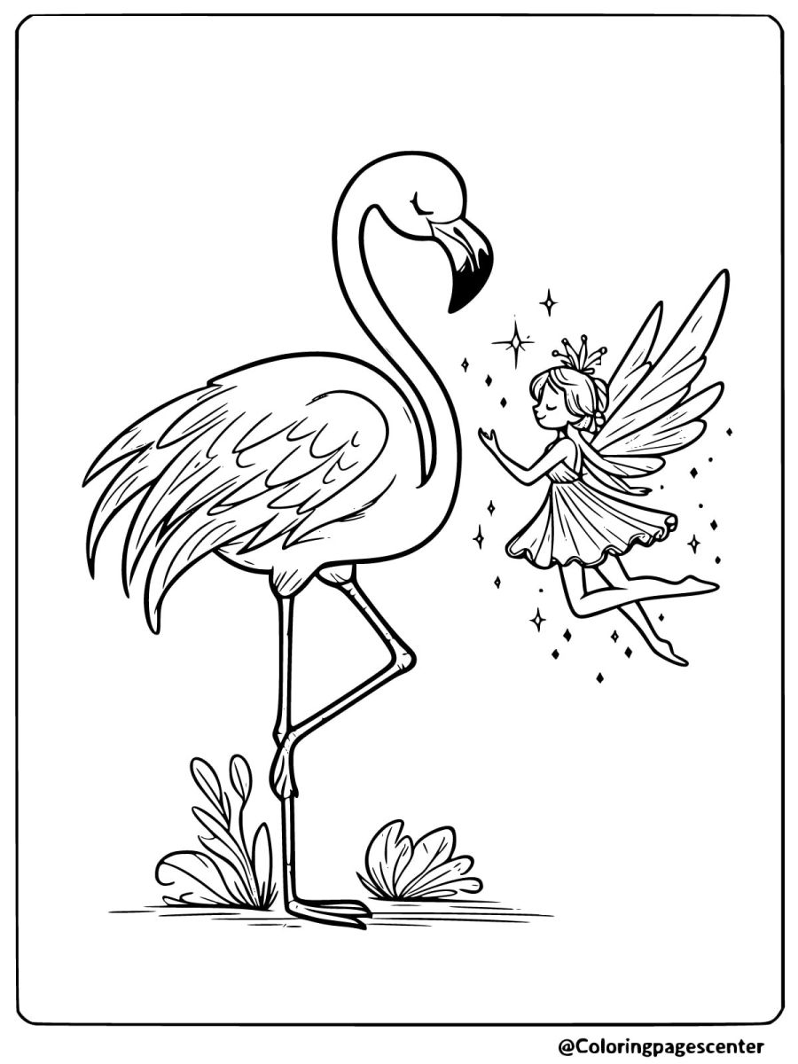 Easy fairy flying with flamingo coloring page for kids