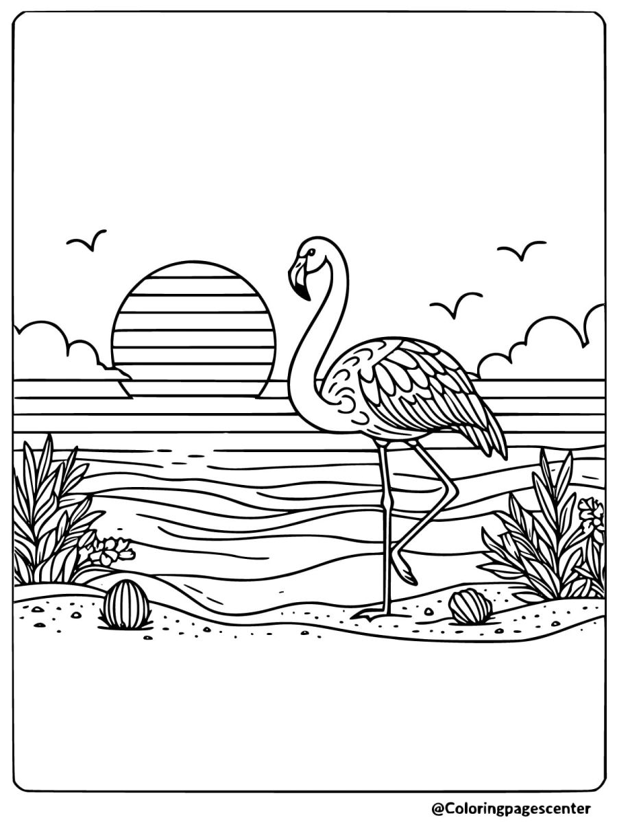 Easy flamingo on the beach with sunset coloring page