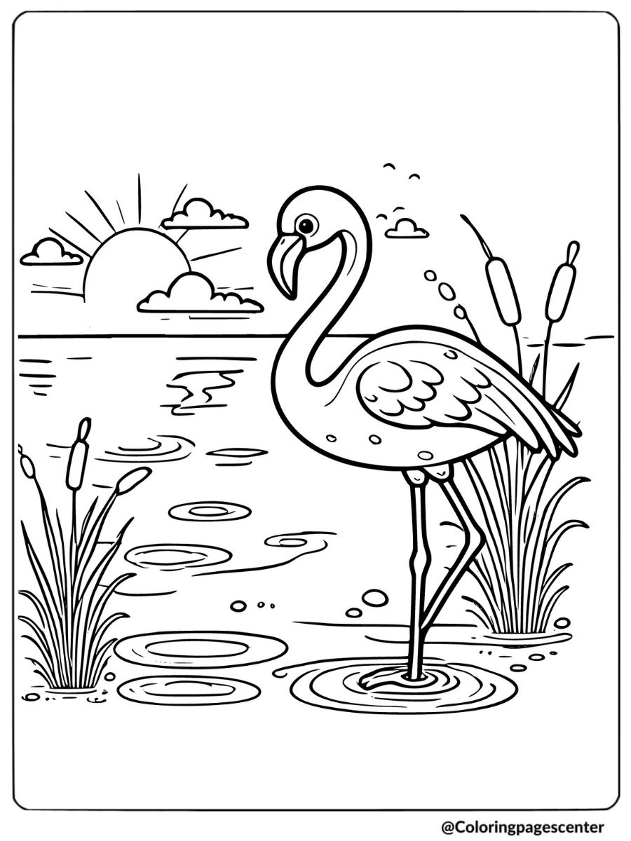 Easy flamingo in a lake with sunset relaxing coloring page