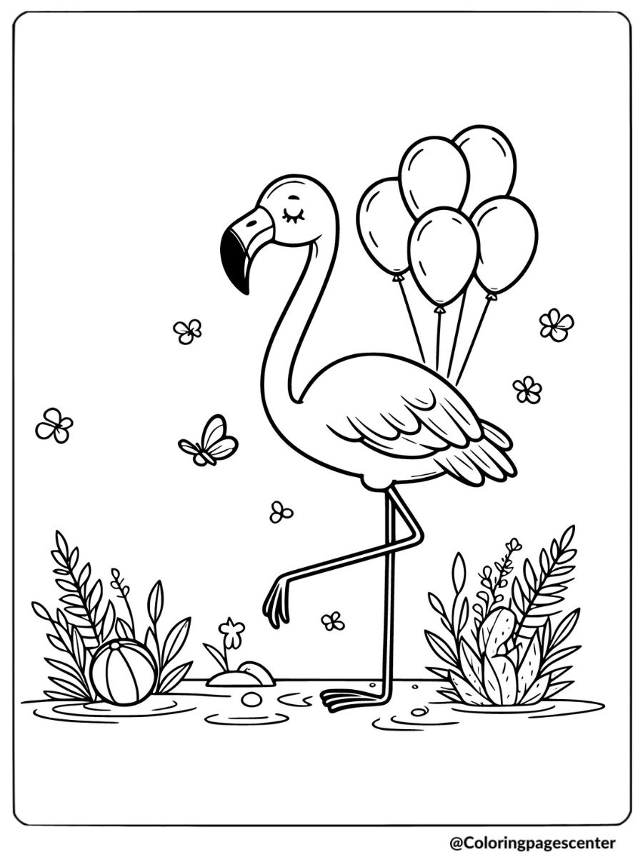 Easy flamingo holding balloons coloring page