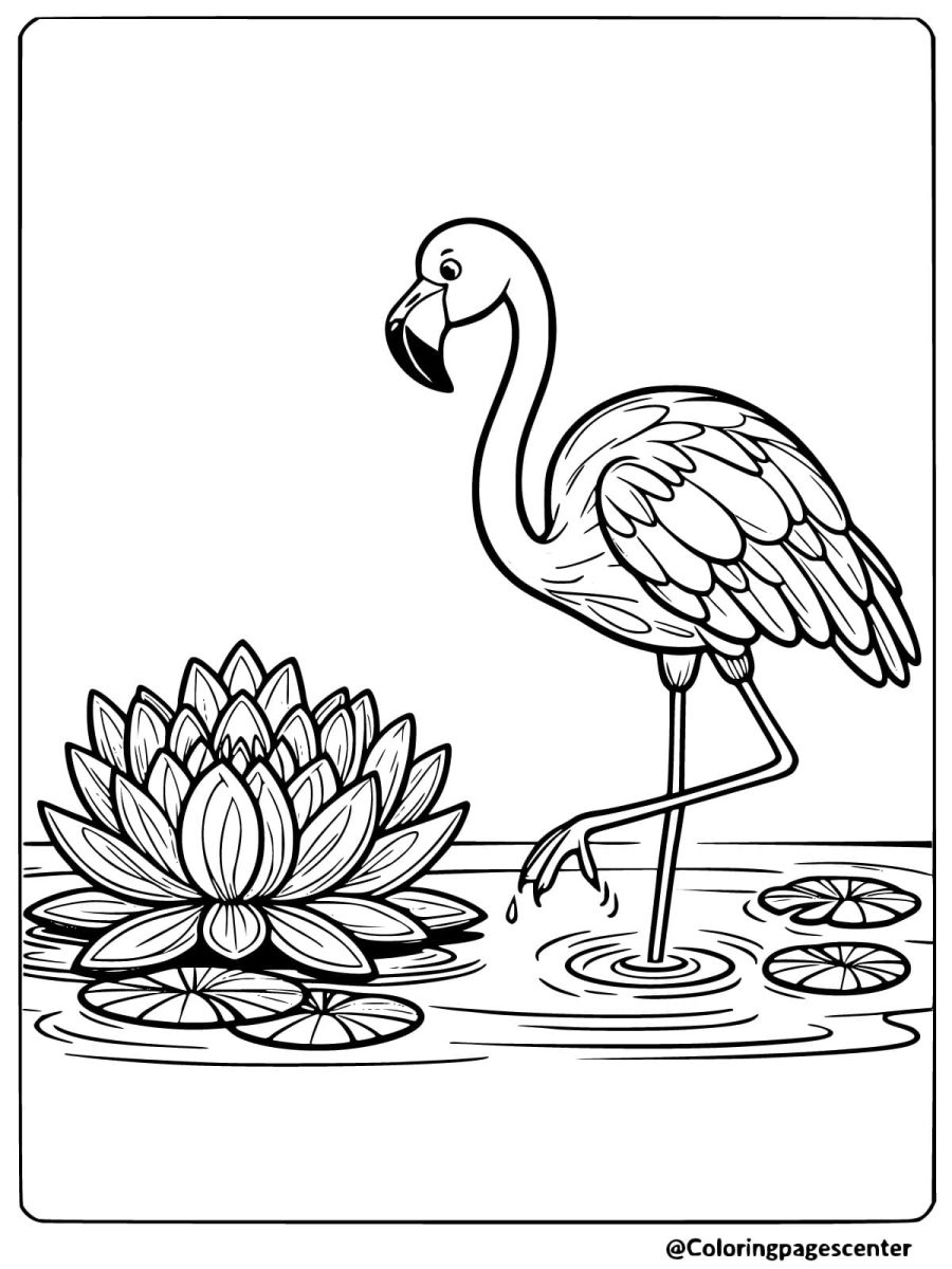 Easy flamingo with lotus flower coloring page