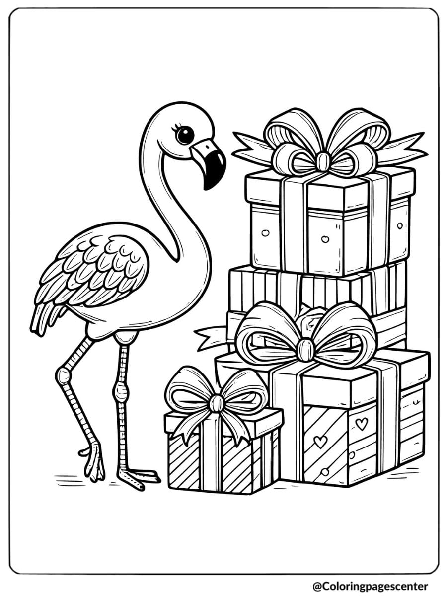 Easy flamingo with presents coloring page for kids