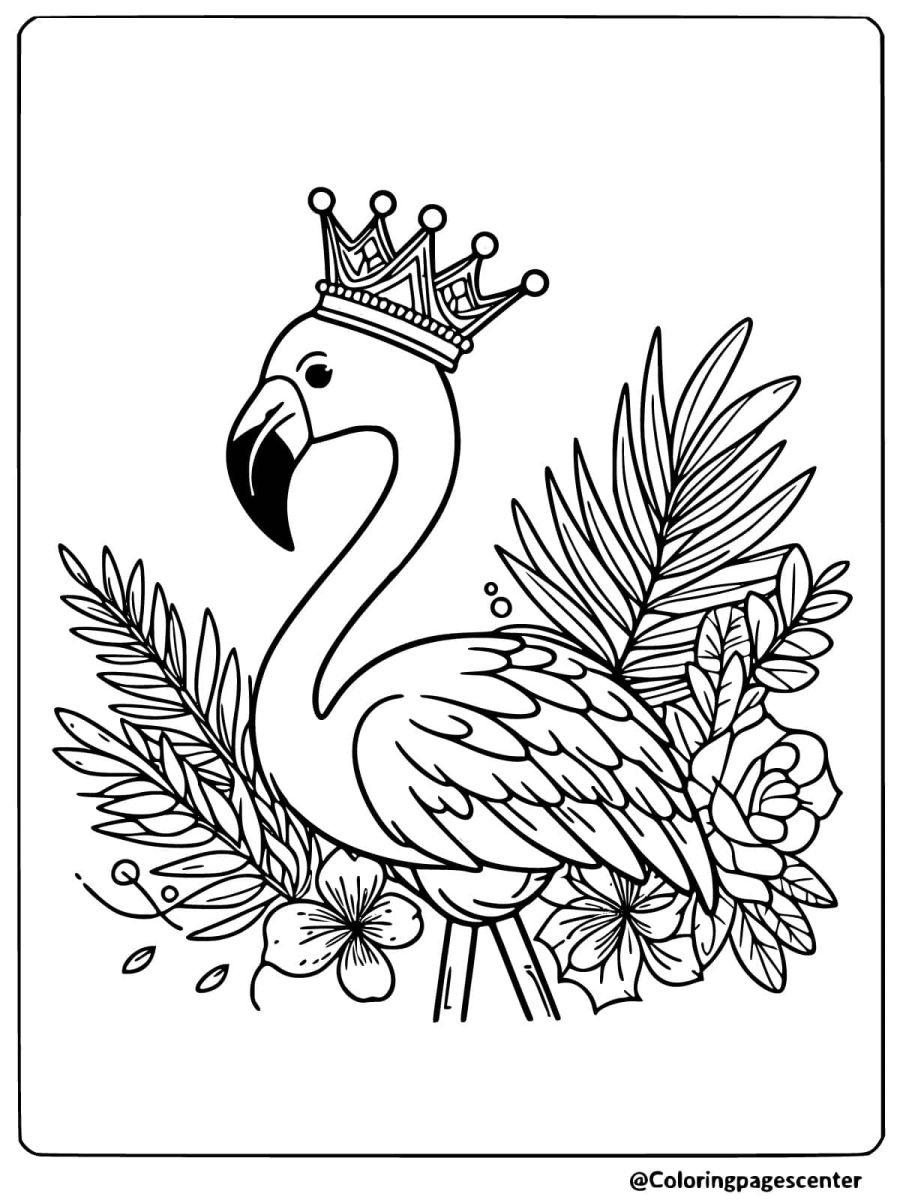 Easy flamingo with crown and flowers coloring page