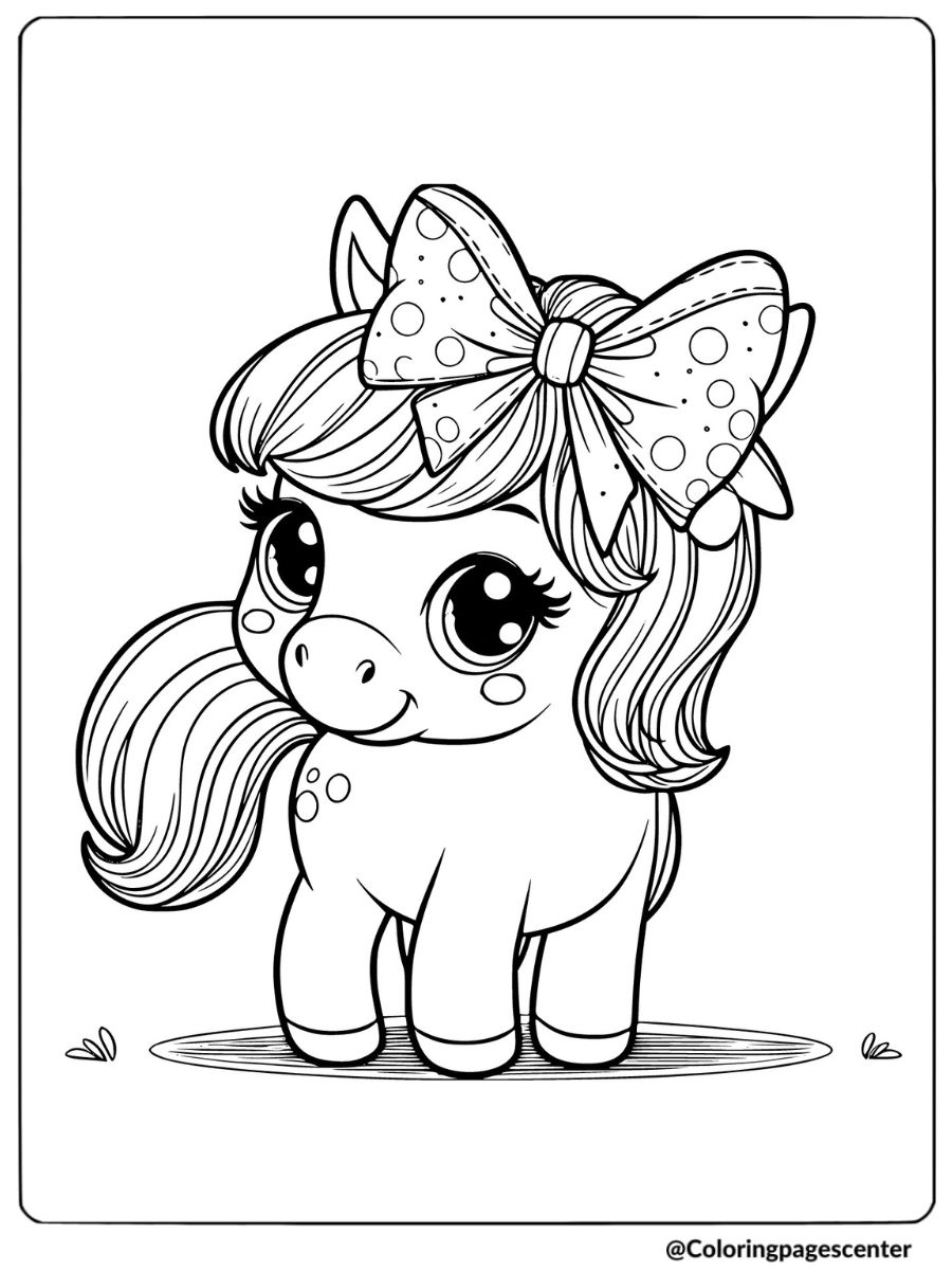 Easy horse with a bow coloring page for kids