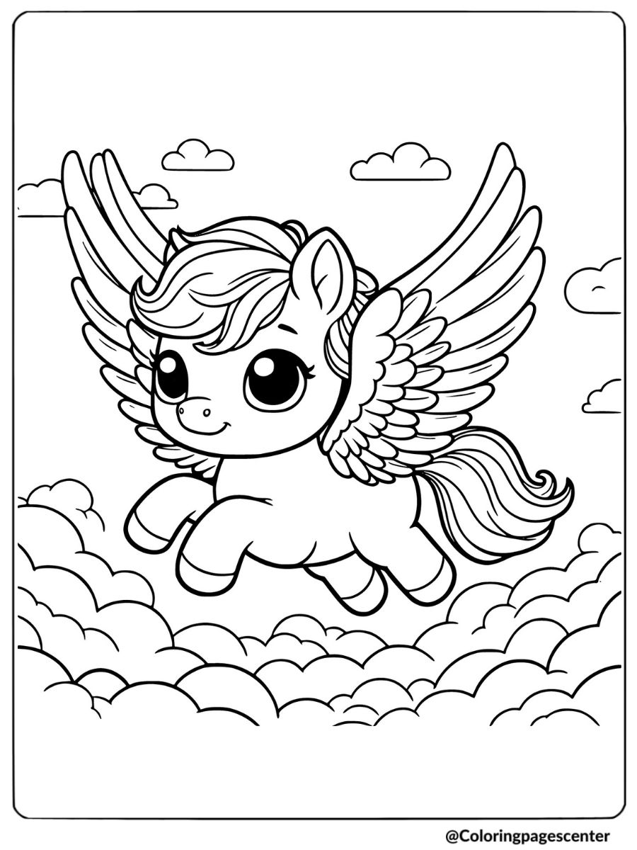 Simple horse with wings flying coloring page for kids