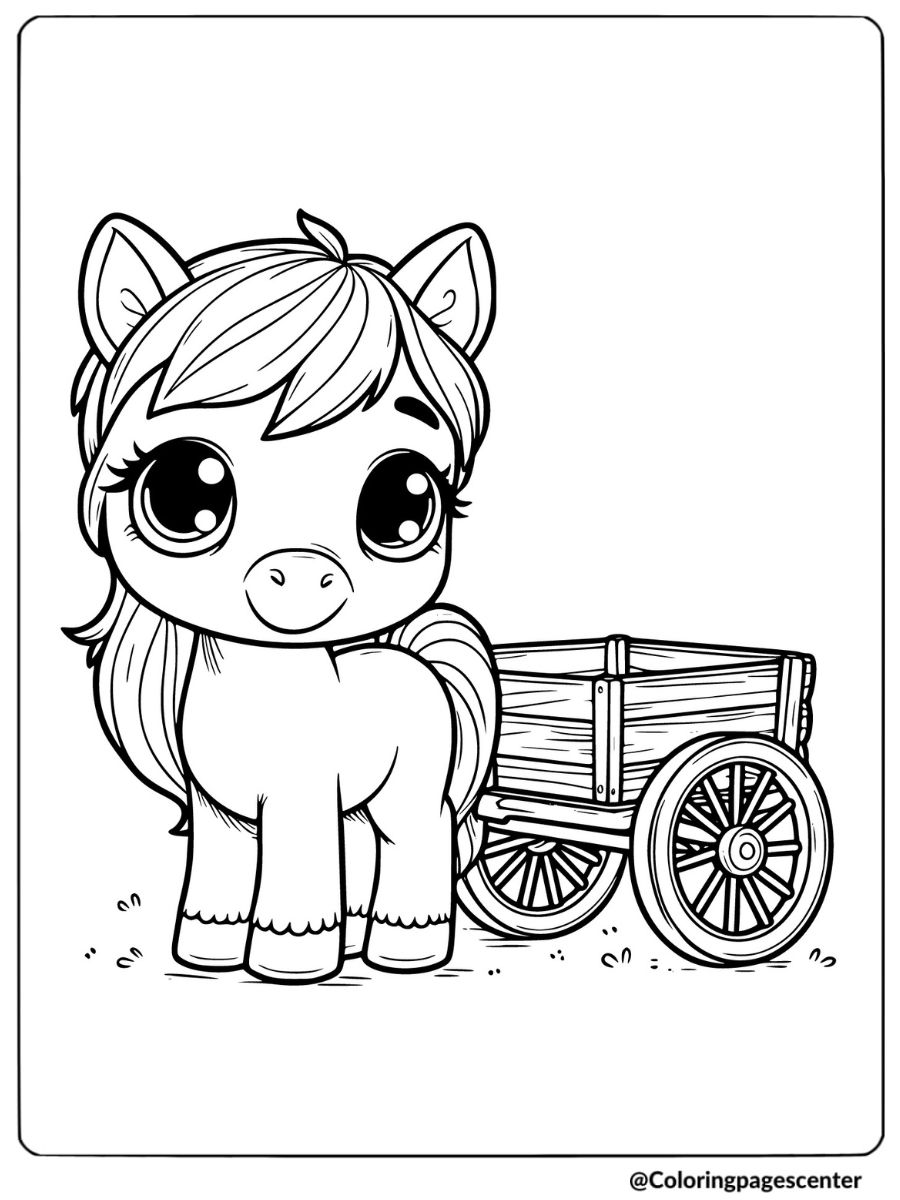 Simple horse next to a cart coloring page for kids