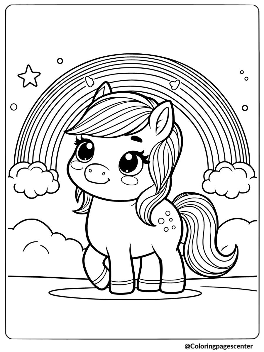 Simple horse with rainbow coloring page for kids