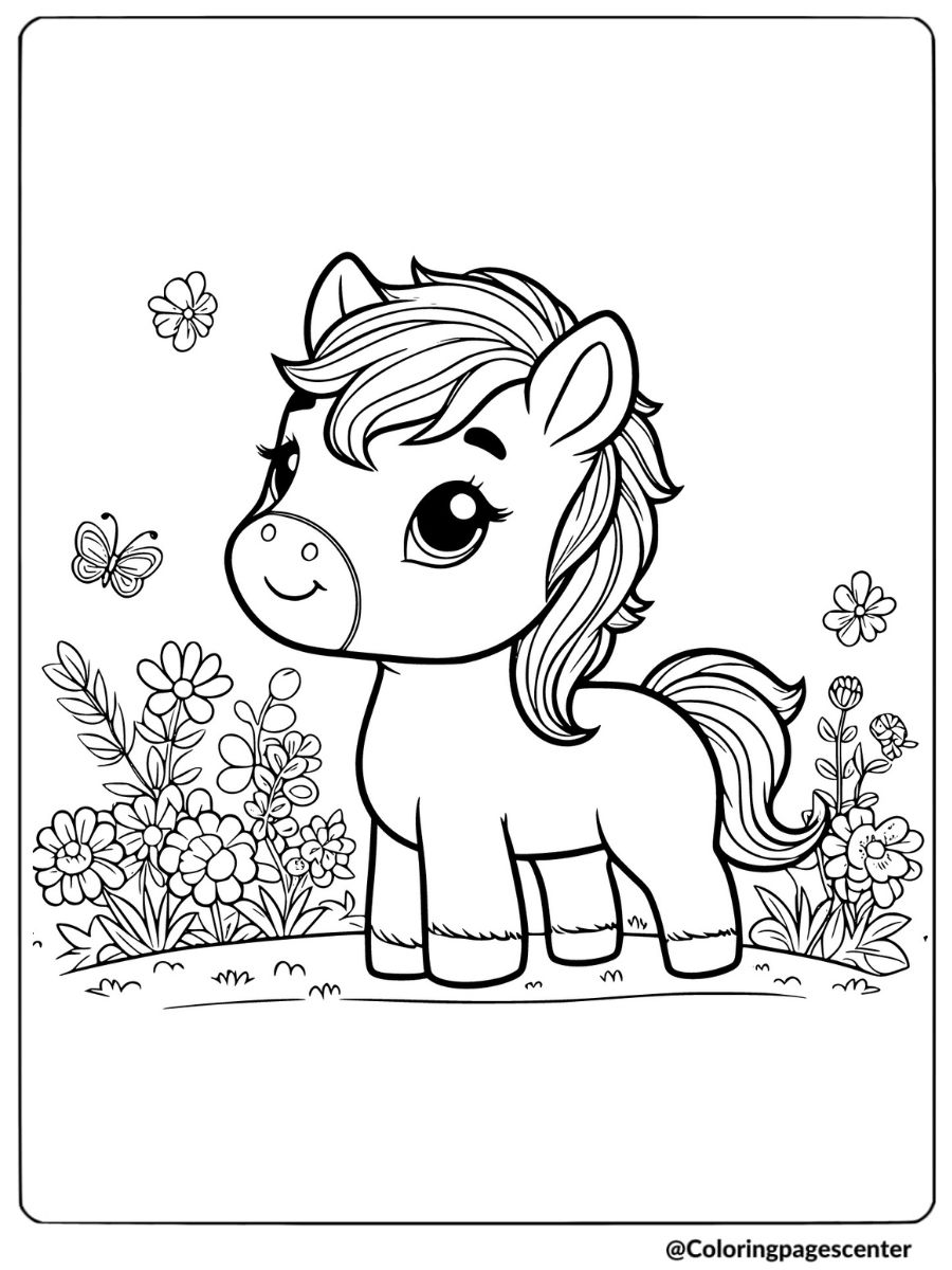 Easy horse surrounded by flowers coloring page for kids