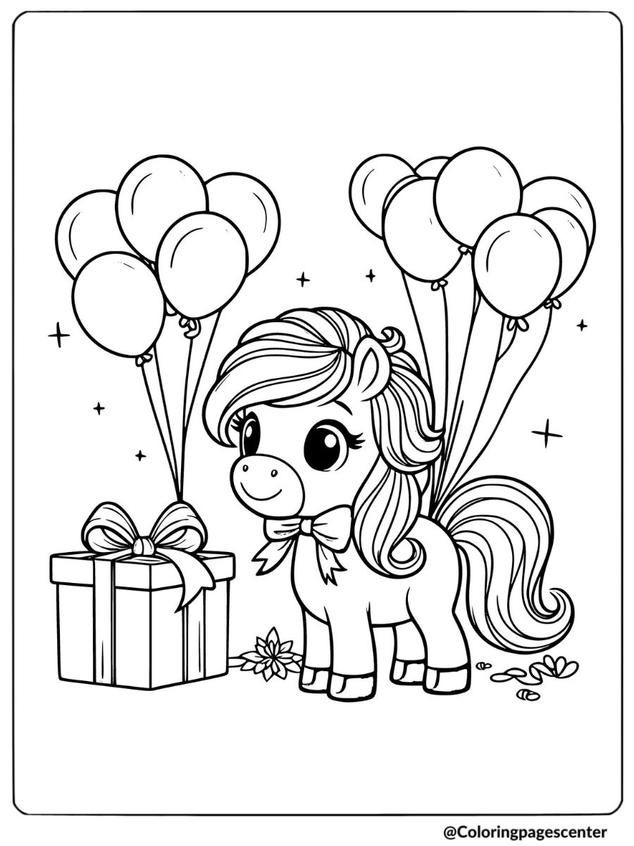 Easy horse with balloons and gift coloring page for kids