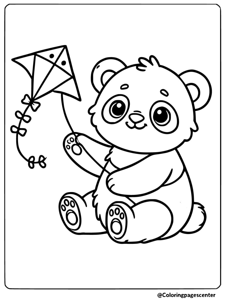 Panda coloring page for kids with a playful panda flying a kite