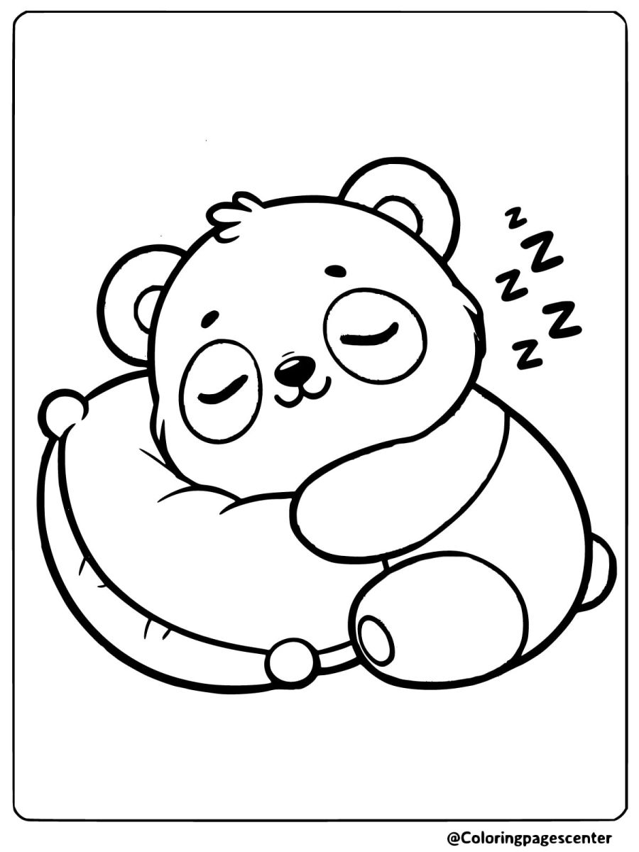 Coloring page featuring a sleeping panda on a pillow