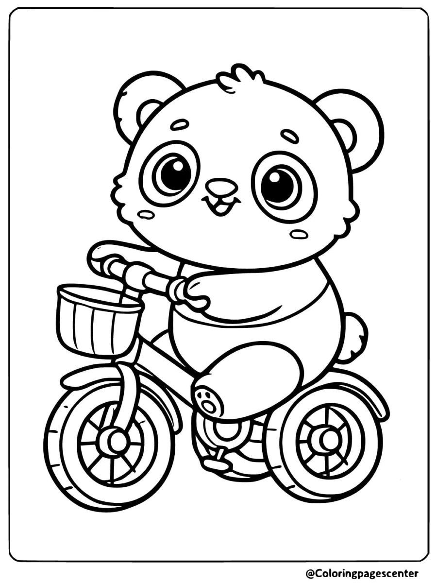 Easy panda coloring page showing a panda riding a bicycle