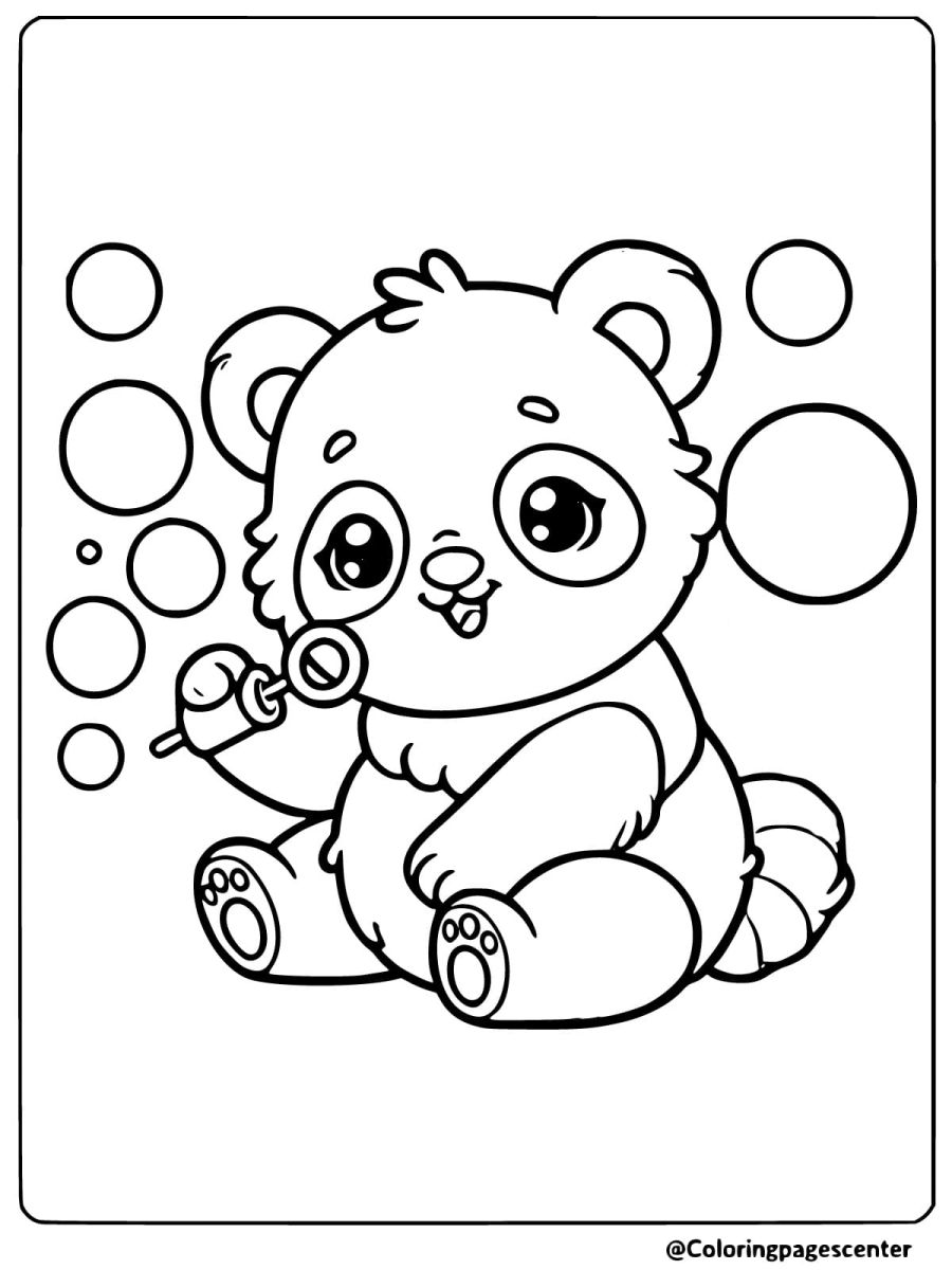 Easy panda coloring page of a panda blowing bubbles