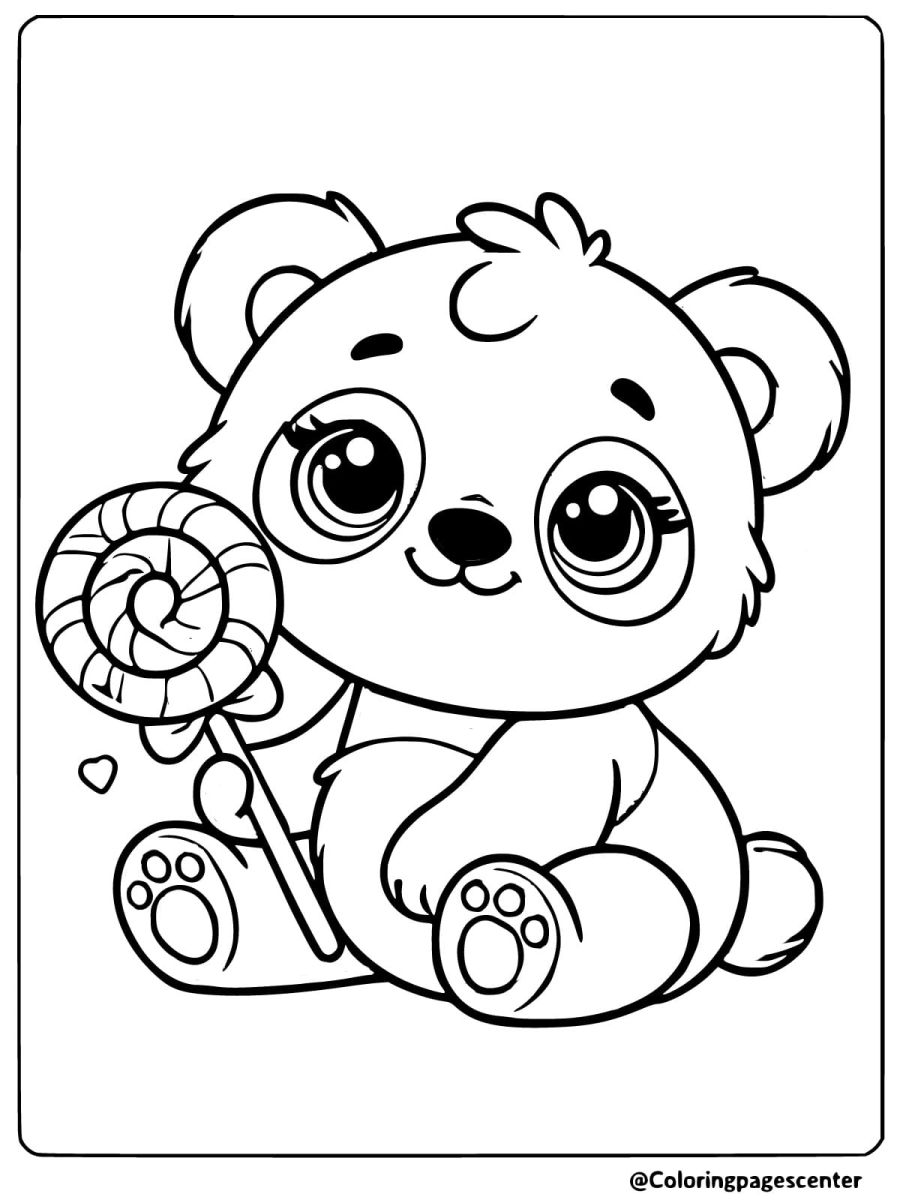 Easy panda coloring page of a sweet panda holding a lollipop