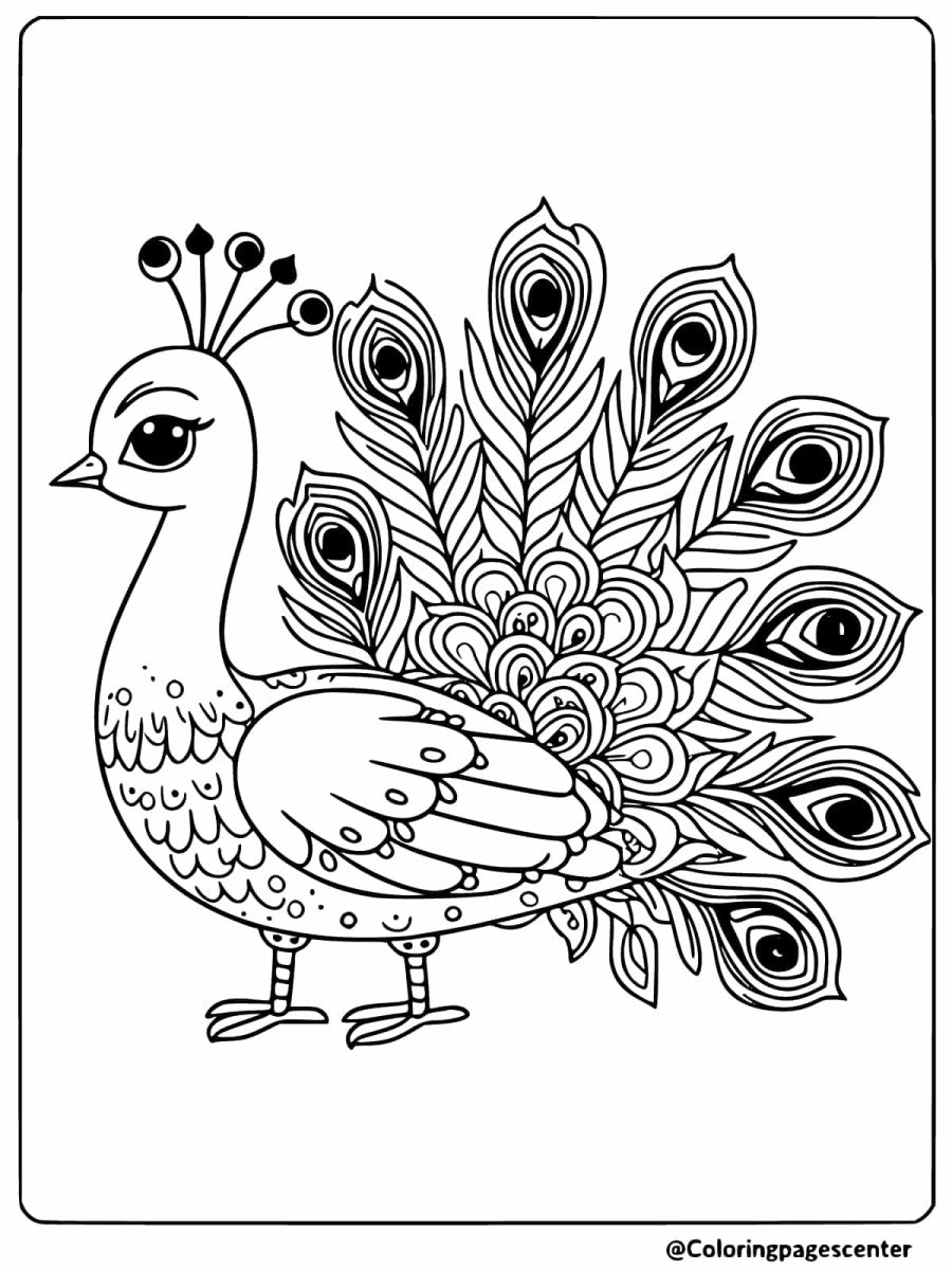 Easy peacock feather design coloring page for kids