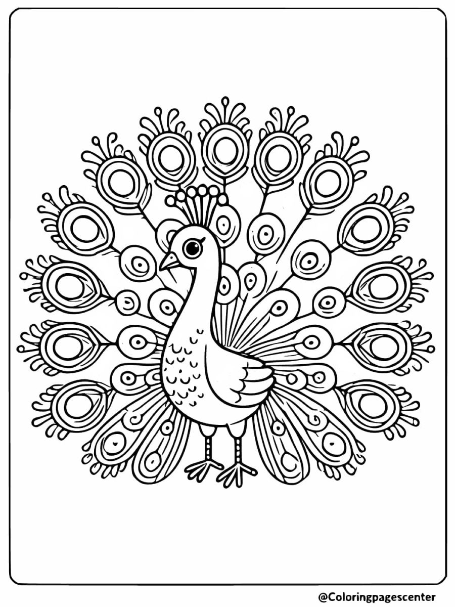 Easy peacock artistic feather design coloring page