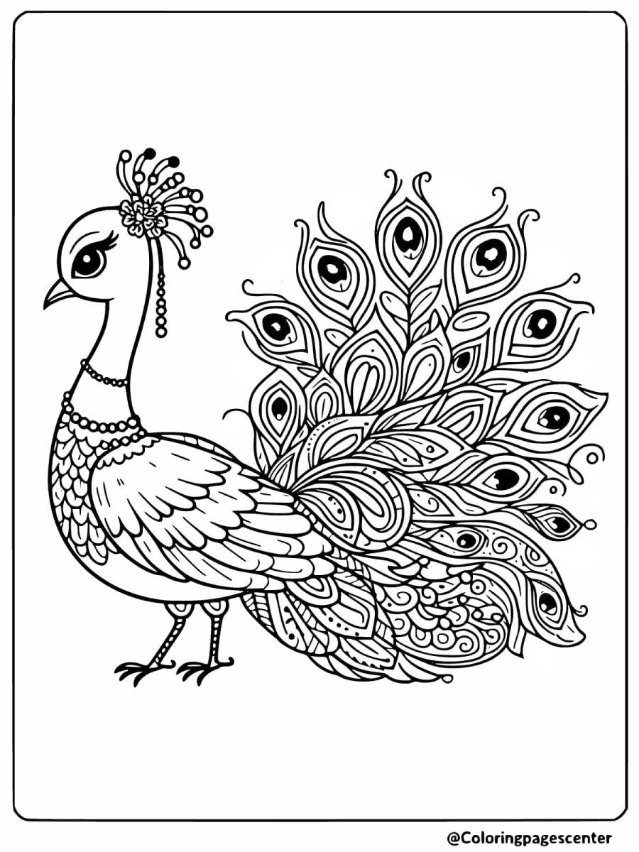 Easy peacock with detailed tail coloring page