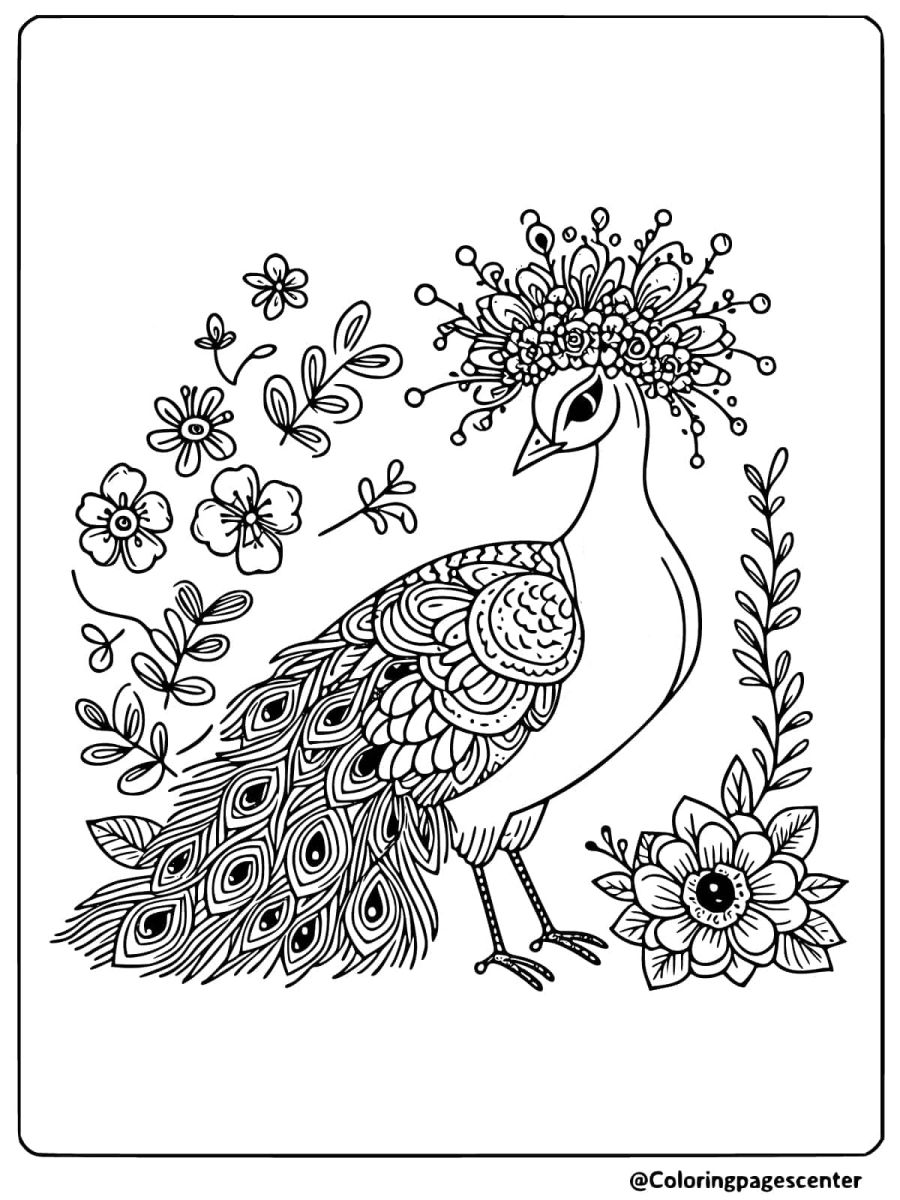 Easy peacock with flowers on head coloring page