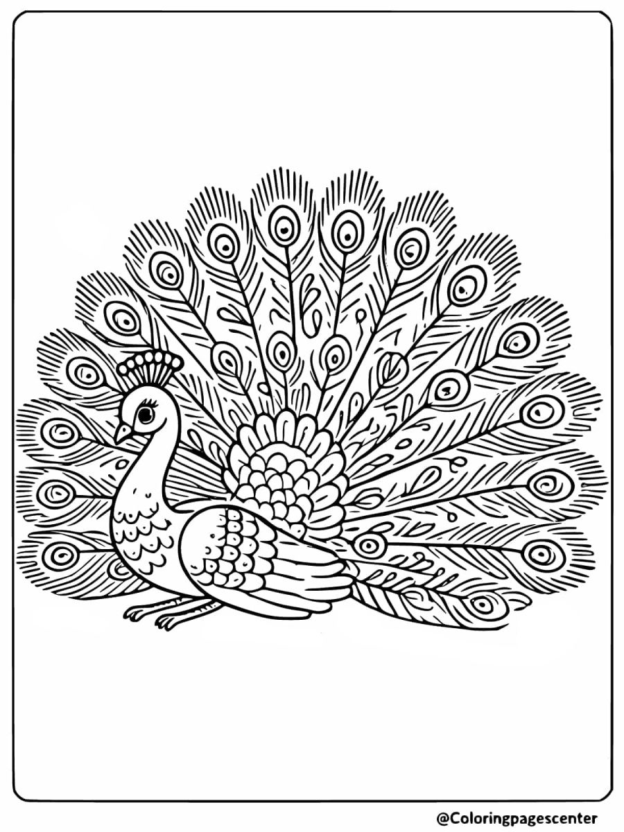 Easy peacock with open feathers coloring page