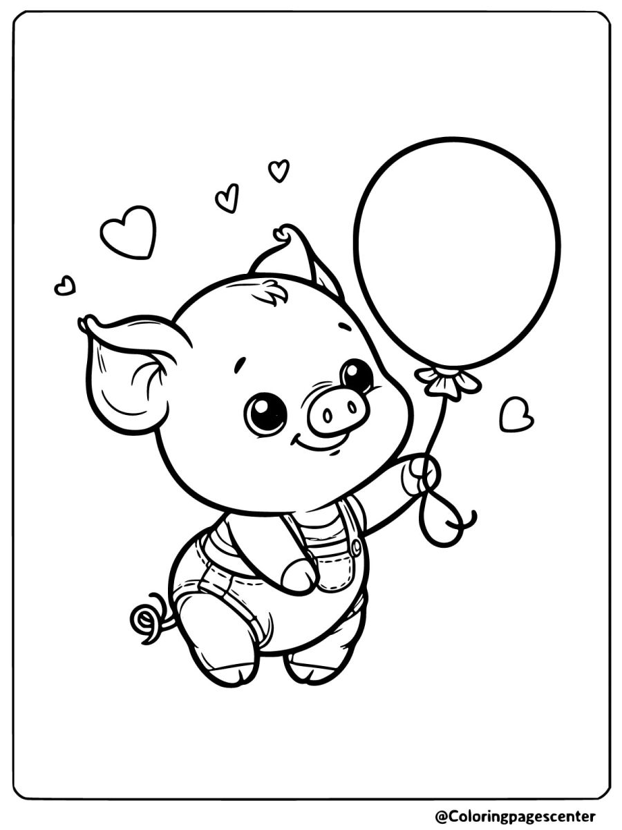 Easy coloring page of a pig holding a balloon