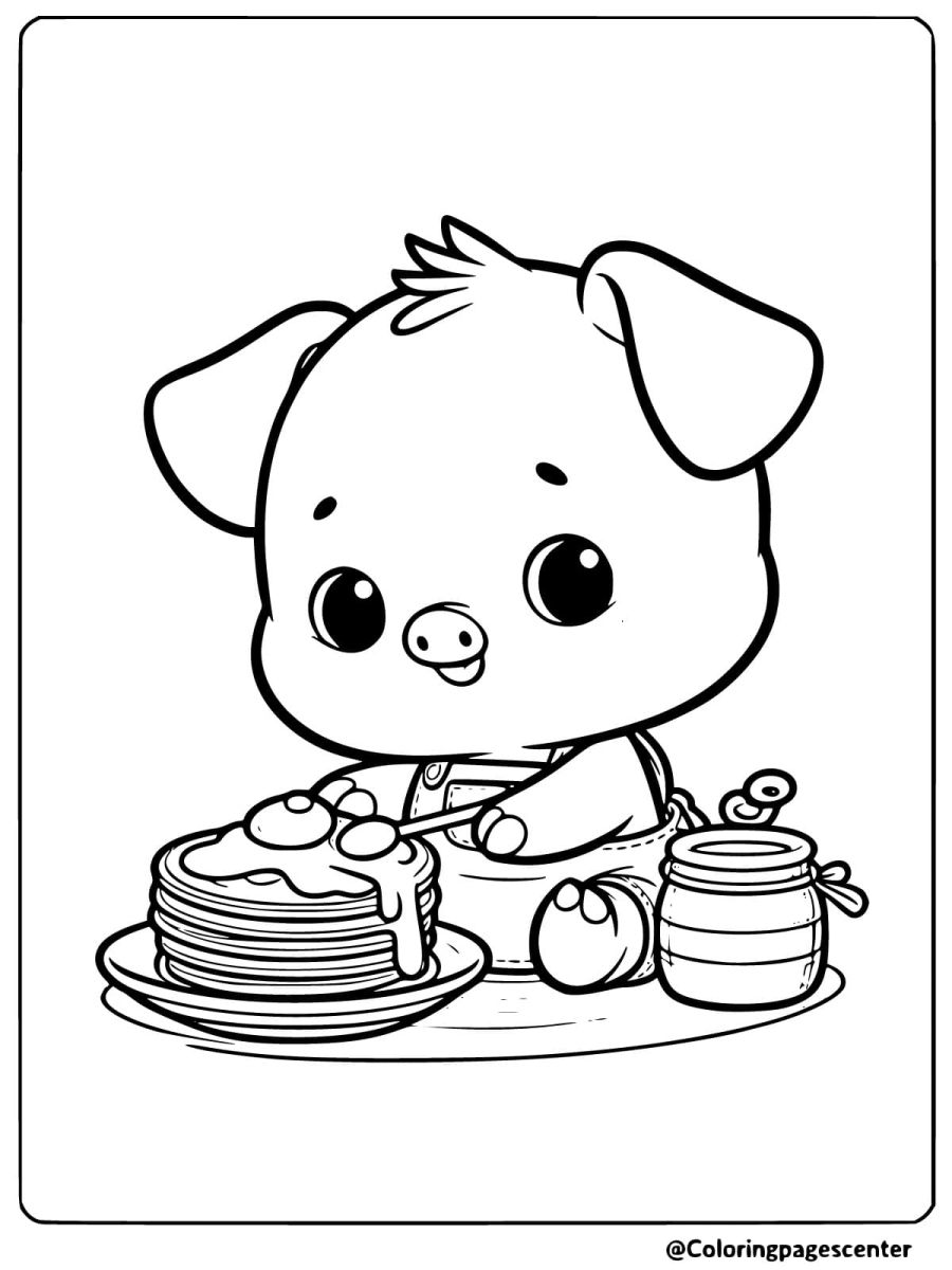 Easy coloring page of a pig making pancakes