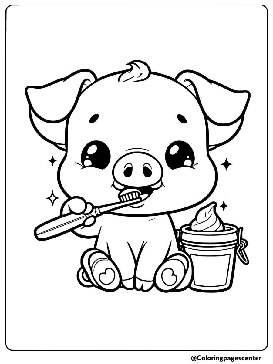 Easy coloring page of a pig brushing its teeth for kids