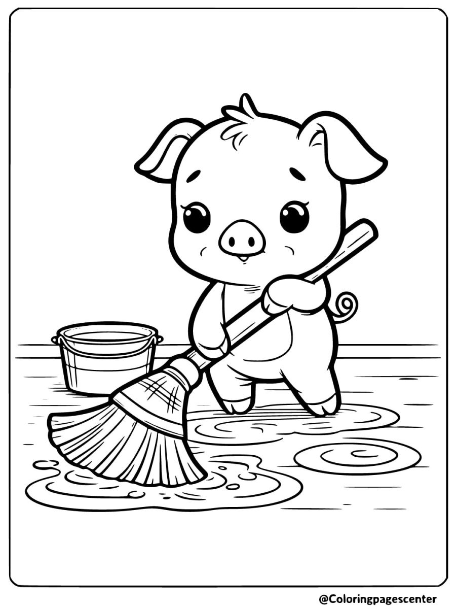 Easy coloring page of a pig cleaning the floor for kids