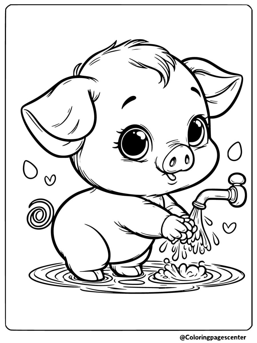 Easy coloring page of a pig washing its hands