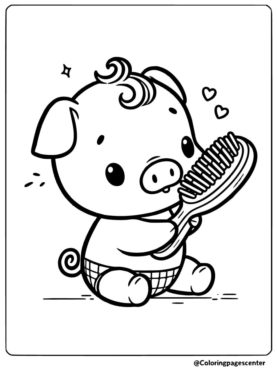 Easy pig coloring page featuring a pig combing its hair for kids