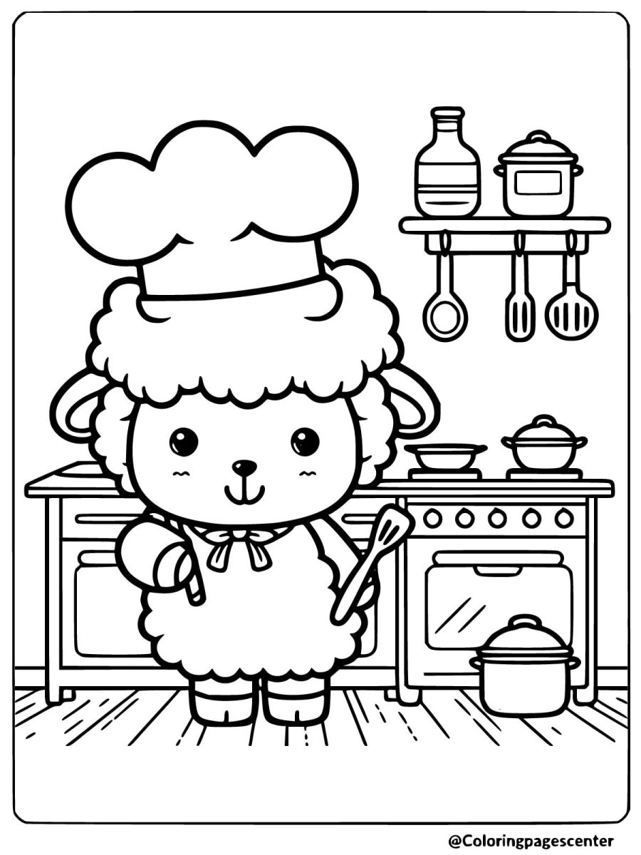 Sheep cooking in the kitchen coloring page for kids