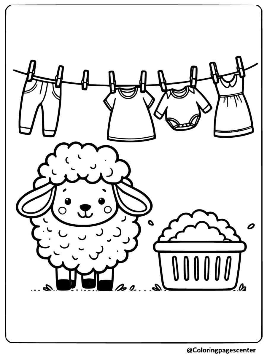 Simple sheep doing laundry coloring page for kids