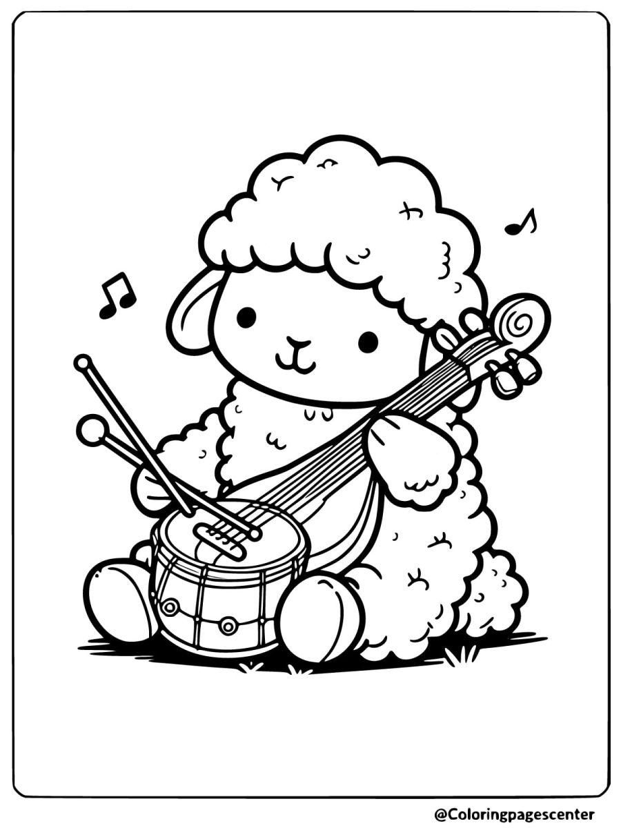 Simple sheep playing music coloring page for kids